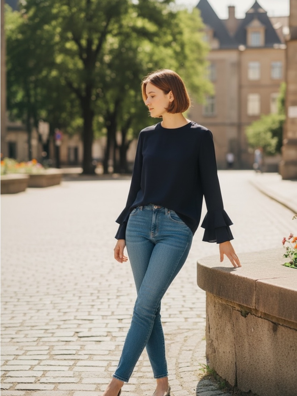 Ann Taylor Navy Ruffle Sleeve Crewneck Blouse